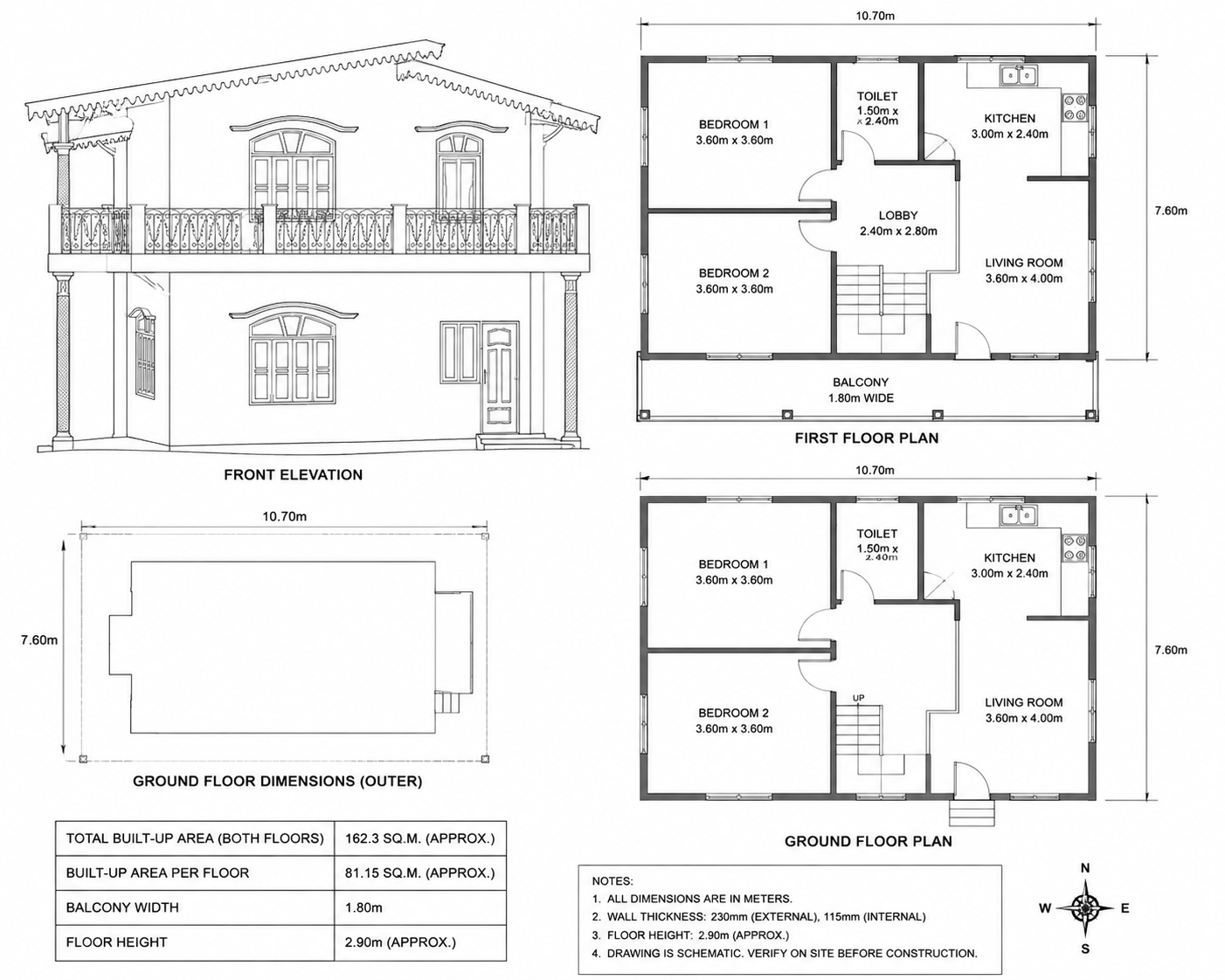 Architectural drawings of the two-storey hillside home — front elevation and floor plans