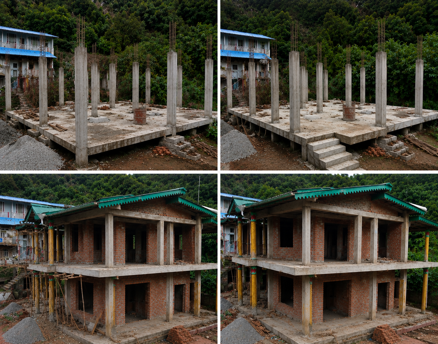 The same hillside home under construction — columns, slab and brickwork