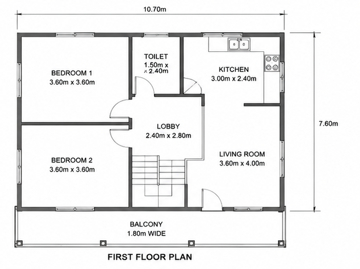 First floor plan — two bedrooms, lobby, kitchen, living room and balcony