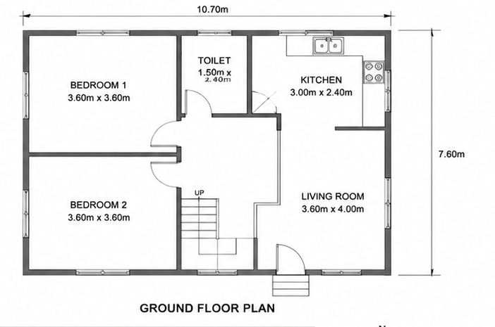 Ground floor plan — bedrooms, lobby with staircase, kitchen and living room